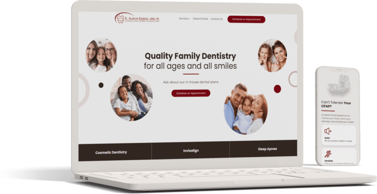 A laptop and a smartphone displaying the homepage of a family dentistry website, designed with responsiveness in mind, showing various dental services offered.