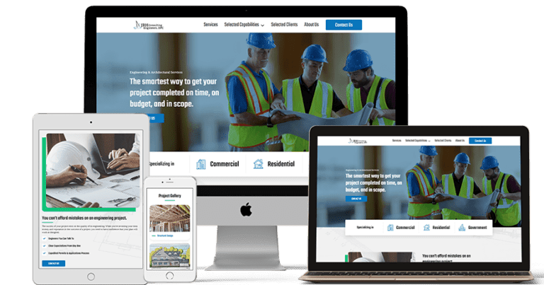 This image shows a collection of digital devices, including a desktop monitor, a tablet, and a laptop, all displaying the same construction company website with images of construction workers.