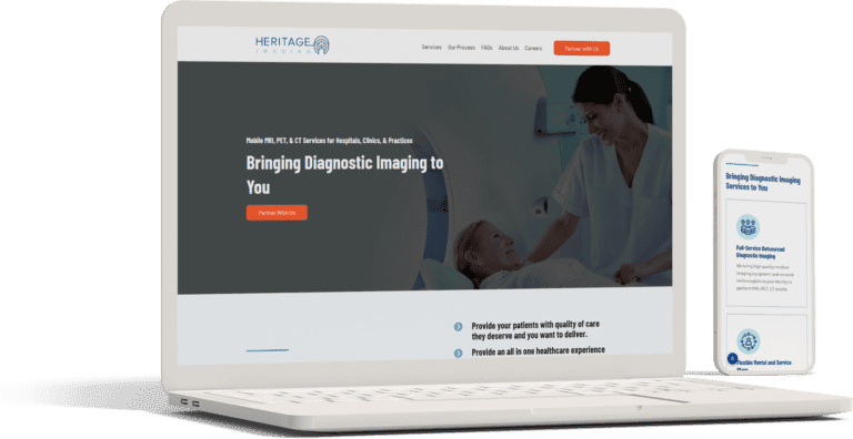 A professional-looking website for a healthcare company, Heritage Imaging, is displayed on a laptop and a mobile phone.