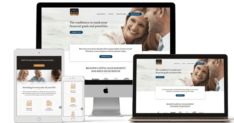 A display of multiple devices including a laptop, tablet, and smartphone, showcasing a responsive web design for Beacon Capital Management company's website.