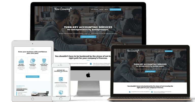 Multiple digital devices displaying the same business accounting services responsive website, New Economy.