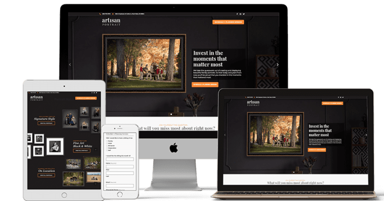 Responsive web design services displayed across multiple devices including a desktop computer, a laptop, a tablet, and a smartphone.
