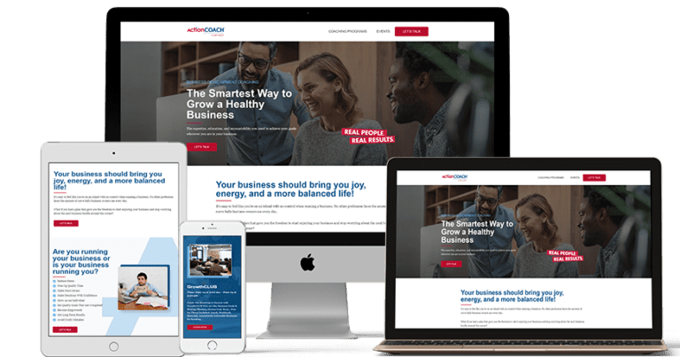 A digital mockup showcasing a responsive web design across multiple devices, including a desktop computer, a tablet, and a smartphone, all displaying the same business website.