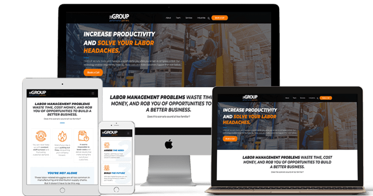 Four digital devices—a desktop, a laptop, a tablet, and a smartphone—are displayed with the same business website on their screens, showcasing the site's responsive design across different platforms.