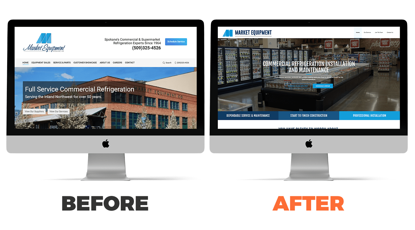 Two computer monitors displaying a website's before and after redesign, with the left screen showing the older version of a commercial refrigeration service website and the right screen displaying an updated, more visually organized version.