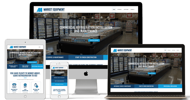 The image shows multiple digital devices, including smartphones, tablets, a laptop, and a desktop computer, all displaying the same responsive website for a company named 'market equipment' that specializes in commercial refrigeration installation.