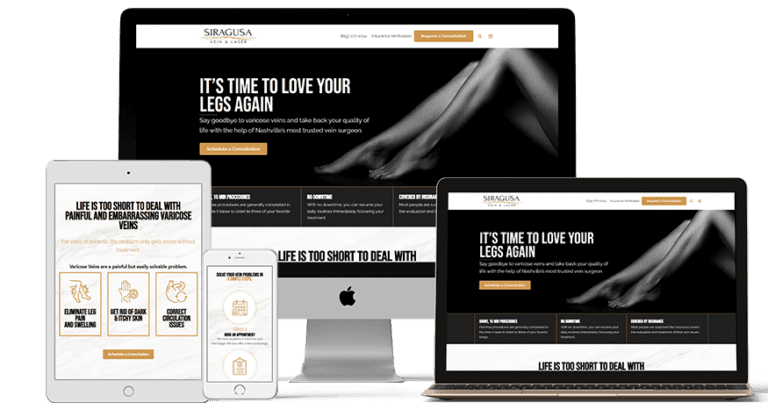 A display of multiple digital devices including a desktop computer, a tablet, and a smartphone, each showing the same medical website promoting treatment for leg issues, optimized by our responsive web design.