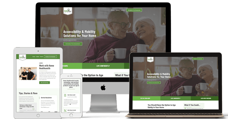 A responsive website design displayed across multiple devices, including a desktop monitor, tablet, and smartphone, featuring content about accessibility and mobility solutions for the home, with an image of an elderly couple smiling.