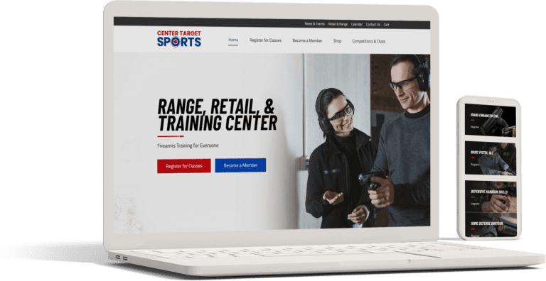 Website displayed on a laptop and smartphone screens, highlighting a firearms training center with registration options for classes, membership information, laid out in a modern style.