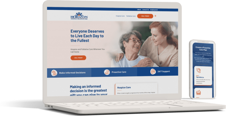 A laptop and a mobile phone showcasing a healthcare website called "horizon hospice" with images and information about hospice care, proactive care, and 24/7 support.