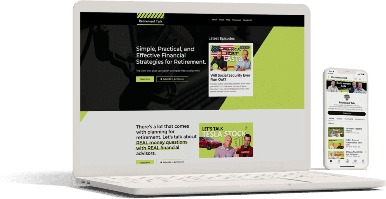 A laptop and a smartphone displaying a financial website with content focused on retirement planning, investment strategies, and SEO services.