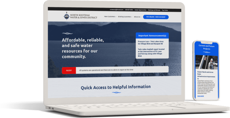 A laptop and a smartphone displaying a website for North Kootenai Water & Sewer District, highlighting access to clean and safe water resources for a community.