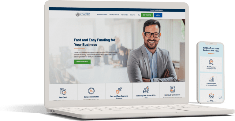 A laptop and smartphone displaying a professional website for Universal Funding, with an image of a smiling man wearing glasses in the header.