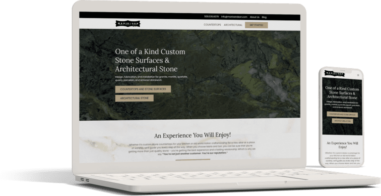 A laptop and smartphone displaying the home page for Mario & Son, showcasing a consistent design across devices.