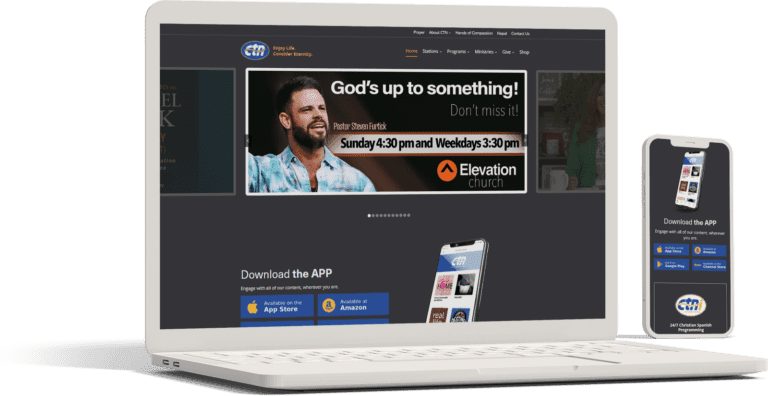 A laptop and a smartphone displaying the responsive website for Christian Television Network, with a clean grey background and large slideshow banner for upcoming events.