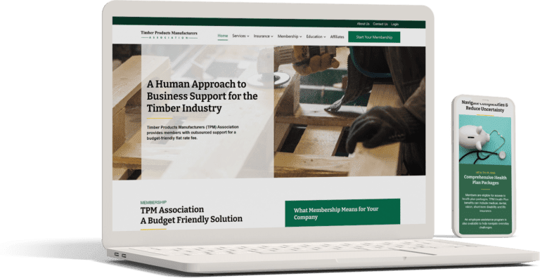 A laptop and phone displaying a website for Timber Products Manufacturers, with an image wood working in the background.