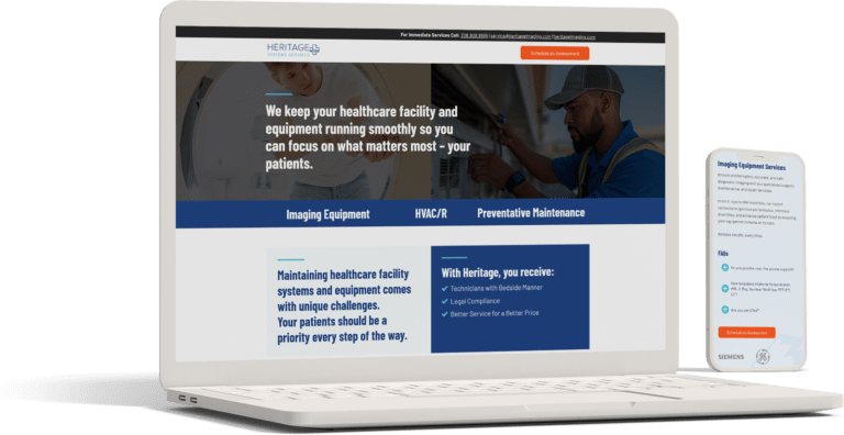 A laptop and mobile phone displaying a webpage for Heritage Systems Services, a health care facility and equipment maintenance service company.