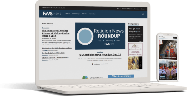 A computer monitor and a smartphone displaying the homepage of a news website focused on religion-related content, FaVS News