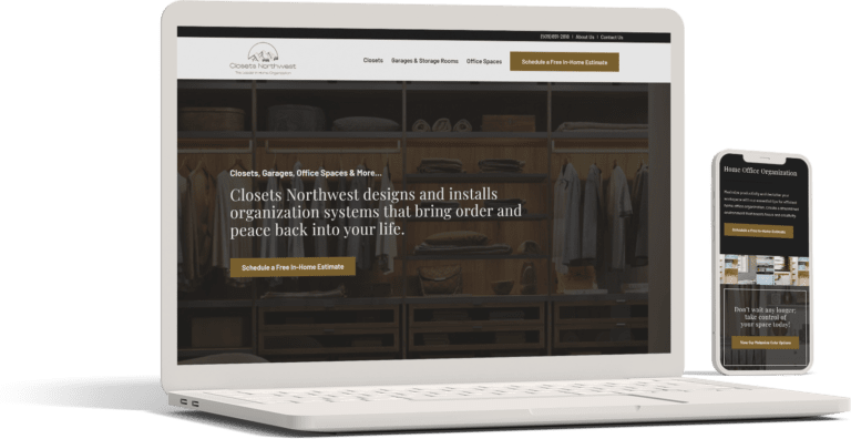 A digital mockup showing a responsive website design on a desktop, tablet, and smartphone screens; for Closets Northwest, a company that specializes in custom closets, organization, and design for the home.