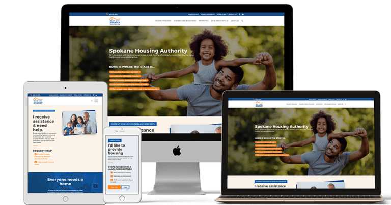 A collection of digital displays (smartphone, tablet, and computers) showing the Spokane Housing Authority website with images of a father and daughter smiling and playing outdoors.