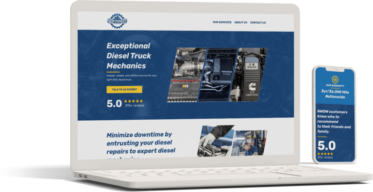 A website layout displayed on both a laptop and a smartphone, featuring information about Northwest Dieselworks with images of engine parts and technicians at work. The design showcases customer reviews and contact info.