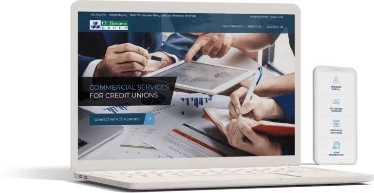 A laptop screen displaying a website for CUBG services, with an image of two people reviewing financial documents at a table. A mobile phone shows the same webpage.