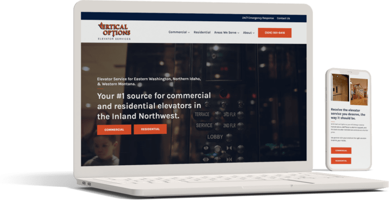 A laptop and a smartphone display a website for Vertical Options Elevator Services. The website, optimized with SEO keywords, features a navigation menu, a contact number, and a statement about their elevator services in Washington, Idaho, and Montana, offering both commercial and residential options.