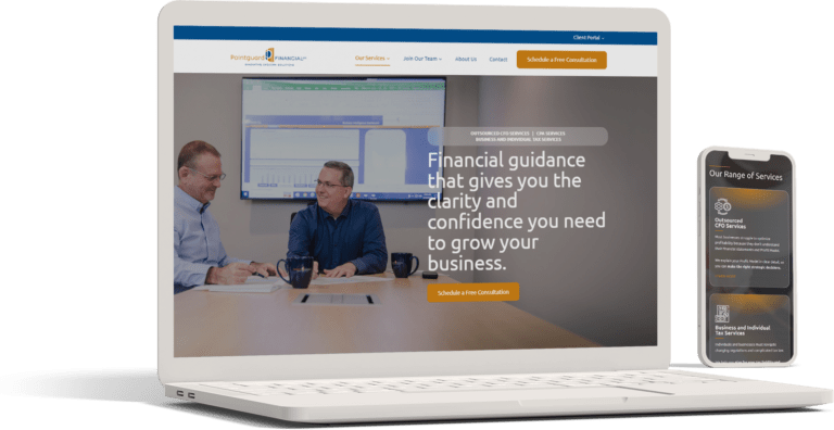 A laptop displaying a Pointguard Financial website with two men discussing strategies in an office. Next to it, a smartphone mirrors the same financial services company site, showcasing a list of offerings.