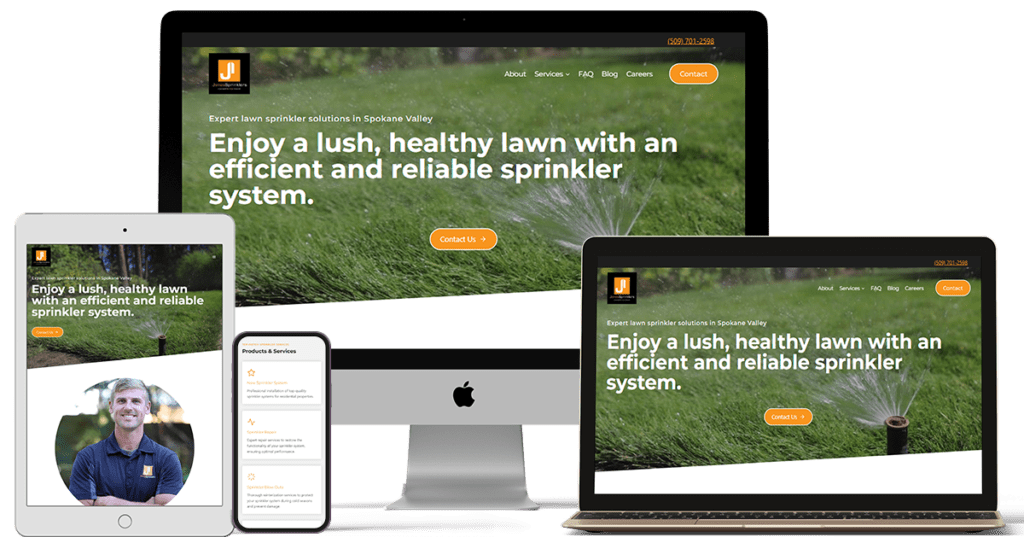 A webpage showcasing Jones Sprinklers' lawn sprinkler service is displayed on a smartphone, laptop, desktop monitor, and tablet. The website features an image of greenery with text promoting efficient and reliable sprinkler solutions in Spokane Valley, along with a contact button.