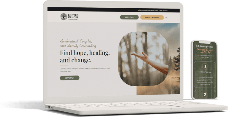 A laptop and smartphone display the "Rooted in Hope Counseling" website, which offers individual, couples, and family counseling services. Featuring nature imagery, visitors can choose options like "Let's Talk" or "Find a Therapist" to start their counseling journey.