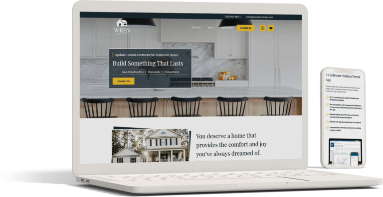 Screenshot of a website displayed on a laptop and smartphone. The header image showcases Wren Building's message about building lasting homes, with a call-to-action button. A smaller house image and text about home comfort reinforce Building Co's commitment to quality living spaces.