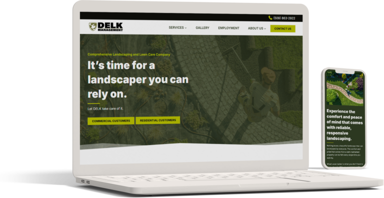 A laptop and smartphone showcase the website of DELK Management, a trusted landscaping company. The laptop highlights a header image with the text, "It's time for a landscaper you can rely on," while the smartphone displays captivating landscaping imagery and text.