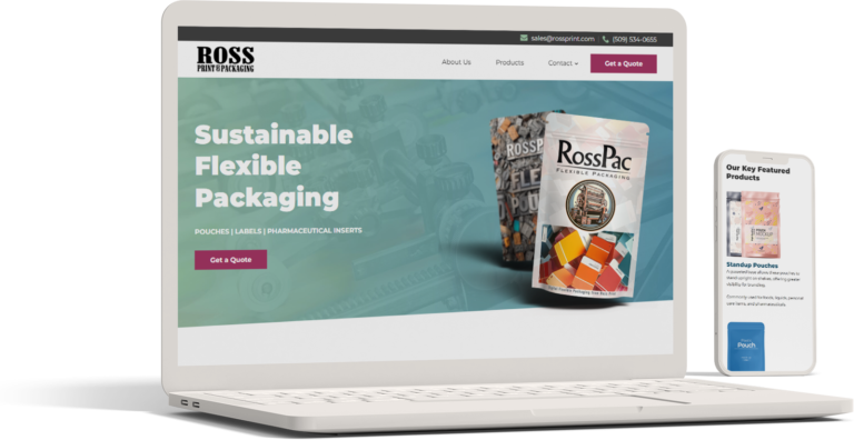 A laptop and smartphone showcase the Ross Fine Packaging website. The laptop displays sustainable flexible packaging, while the phone highlights featured products. The site features a navigation menu, a "Get a Quote" button, and Ross Printing services for custom prints.