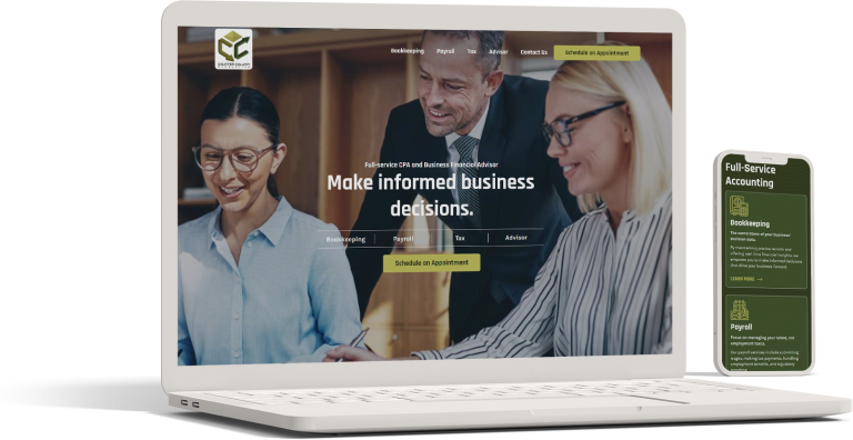 A laptop screen displays a business website featuring people in a meeting. The website offers services in bookkeeping, payroll, and tax. Beside the laptop, a smartphone shows a website section titled "Full-Service Accounting" with similar offerings.