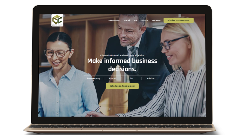 A laptop displaying a business website with a banner featuring three professionals in a meeting. Text on the banner reads, "Make informed business decisions." Navigation links and buttons for appointments are visible.