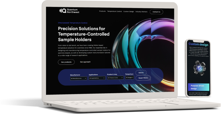 A laptop and a smartphone display the Quantum Northwest website, showcasing precision solutions for temperature-controlled sample holders. The site features a dark background with colorful graphics and navigation menus visible on both devices.