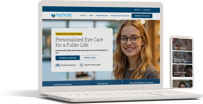 A laptop screen displays the Eyes For Life Vision Source eye clinic website featuring a smiling woman in glasses, navigation menus, and options to schedule an eye exam or shop for contact lenses. A smartphone with a related app is shown nearby.