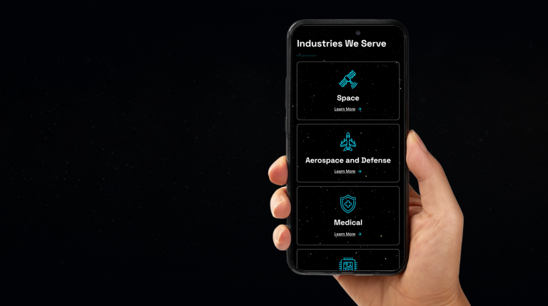 A hand holds a smartphone displaying a webpage titled "Industries We Serve" from Hi-Rel Laboratories, with sections for Space, Aerospace and Defense, and Medical, each featuring an icon and "Learn More" button.