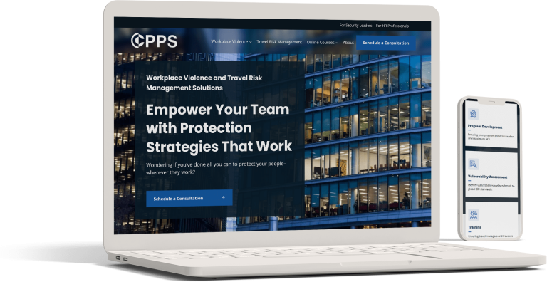 A laptop and a smartphone display a website for CPPS, featuring workplace violence and travel risk management solutions. The laptop shows the homepage, while the phone shows sections on program development and vulnerability assessment.