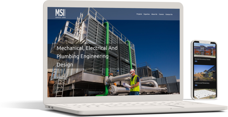 A laptop and a smartphone display the MSI Engineers website for mechanical, electrical, and plumbing engineering services. The laptop shows an industrial facility with a worker in safety gear; the phone features two school building images.