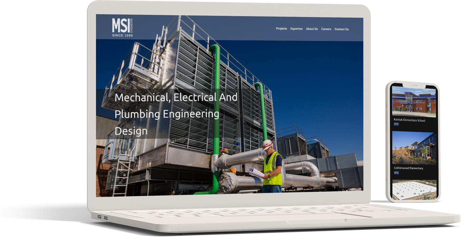 A laptop and a smartphone display the MSI Engineers website for mechanical, electrical, and plumbing engineering services. The laptop shows an industrial facility with a worker in safety gear; the phone features two school building images.