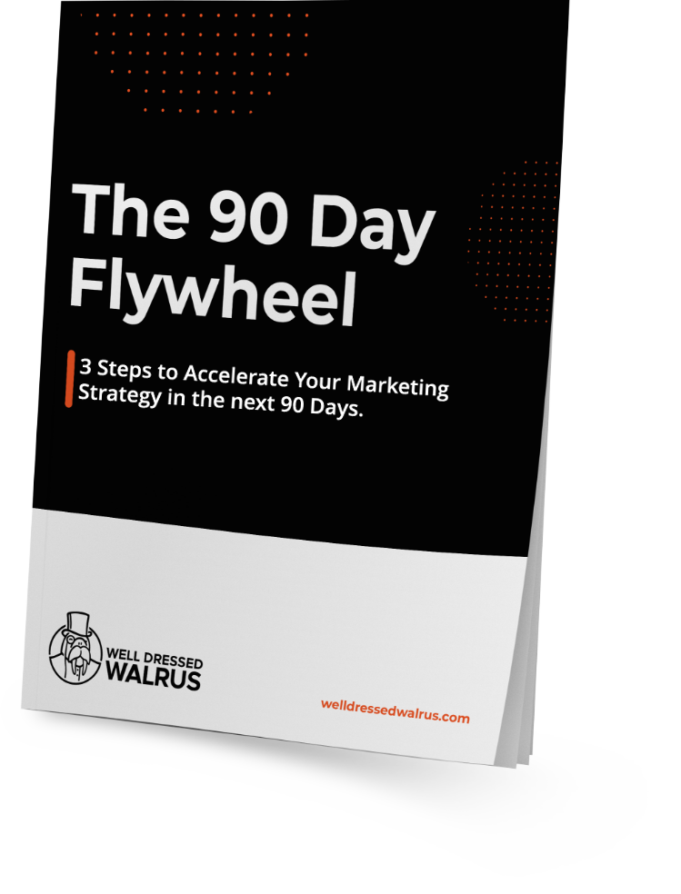 A booklet titled "The 90 Day Flywheel" with the subtitle "3 Steps to Accelerate Your Marketing Strategy in the next 90 Days." The cover features the Well Dressed Walrus logo, website, and highlights the power of Authentic Intelligence in marketing.