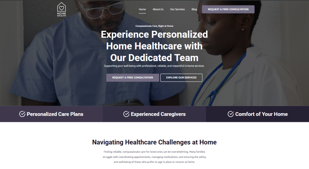 Two healthcare professionals, one holding a clipboard, stand side by side. Website text promotes personalized home healthcare, highlighting a free consultation and services such as care plans, experienced caregivers, and a Template Portfolio of support options.
