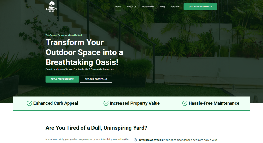 A landscaping company's website homepage featuring a headline promoting outdoor transformation, green call-to-action buttons, a navigation menu, and three service benefits: curb appeal, property value, and maintenance ease—all showcased with a sleek Template Portfolio.
