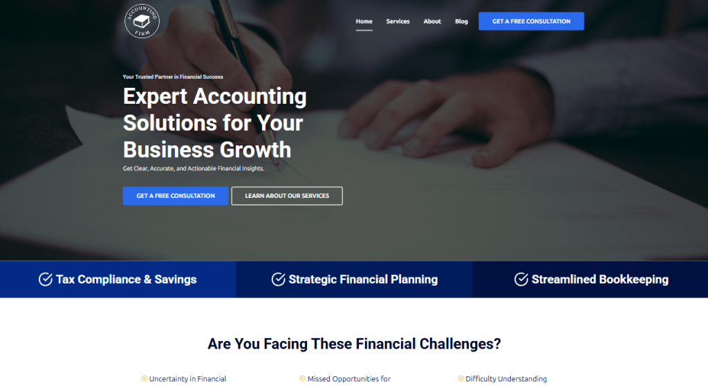 Screenshot of an accounting firm's website homepage featuring a dark blue banner, the headline "Expert Accounting Solutions for Your Business Growth," two call-to-action buttons, and a template portfolio section showcasing their services.