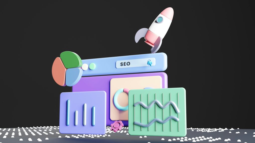3D illustration of an SEO dashboard with icons representing charts and graphs, a pie chart, a rocket, and a gear—all in pastel colors—on a dotted surface with a dark background. Perfect for those looking to improve website rankings with no SEO expertise.