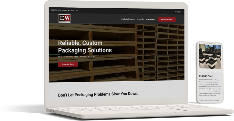 A laptop and a smartphone display a website for CW Products, Inc., featuring custom packaging solutions with stacked modified foam materials and a banner reading "Reliable, Custom Packaging Solutions.